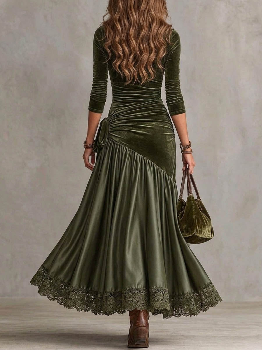 Women's Vintage Velvet Ruched Maxi Dress with Lace Trim