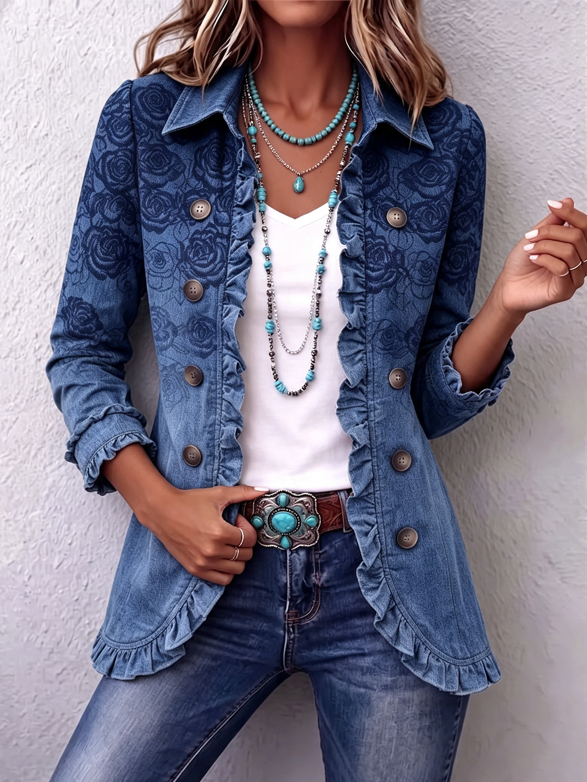 Retro Blue Rose Gradient Print Ruffle Jacket