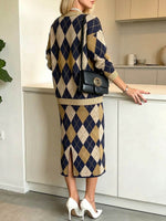 Women's High-waisted Loose-fit Knit Midi Skirt With Color-block Argyle Print