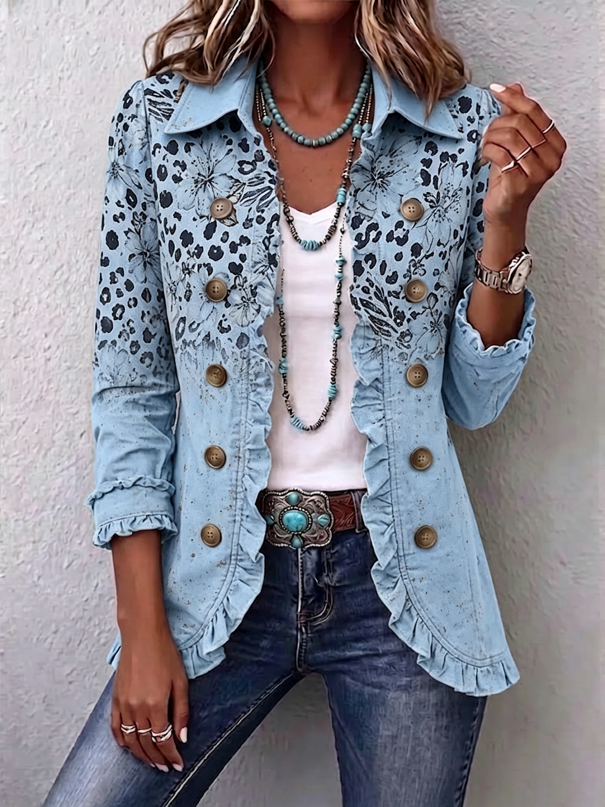 Boho-style Vintage Leopard And Floral Print Ruffle-detail Jacket