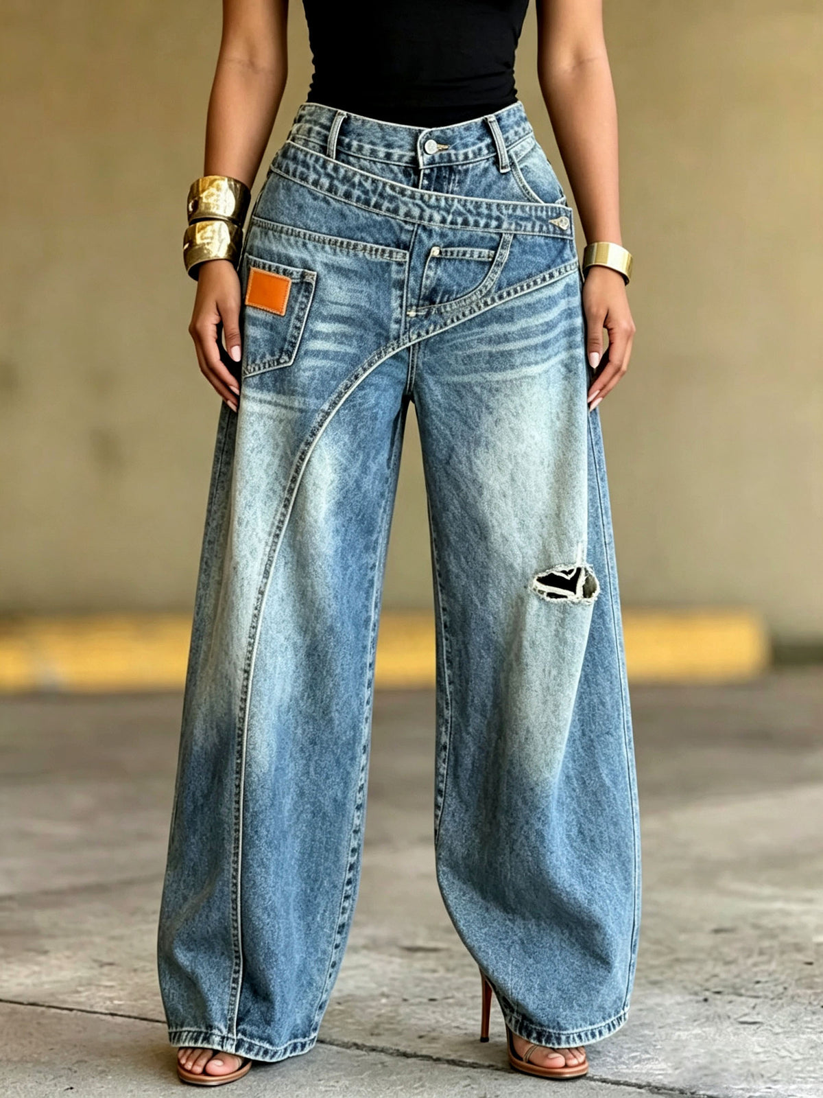 Trendy Street Style Wrap-around Wide-leg Jeans