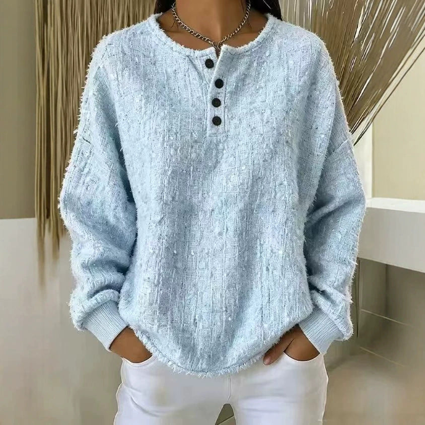 Chic Textured Henley Sweatshirt In Mixed-color Chunky Yarn