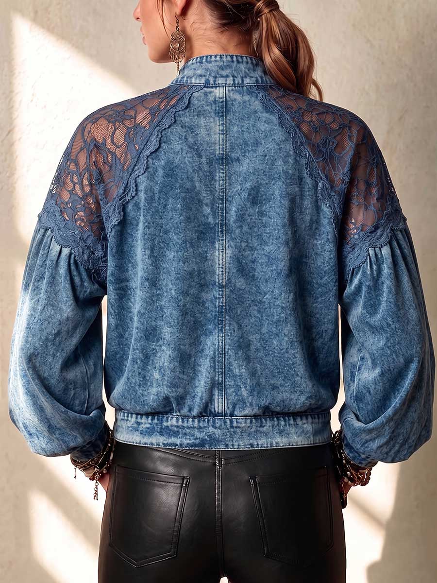 Women's Stand Collar Long Sleeve Casual Loose Denim Patchwork Lace Jacket