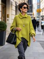 Relaxed Cozy Asymmetrical Collar Ribbed Knit Pullover