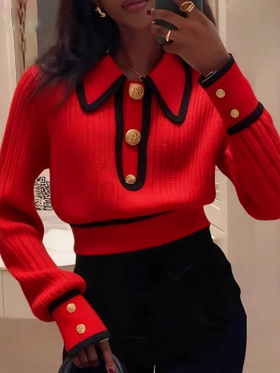 Chic Knit Top With Contrasting Piping