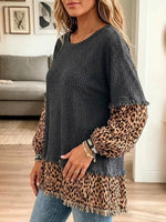 Women's Crew Neck Long-sleeve Casual Loose Waffle-knit Top With Leopard Print Paneling