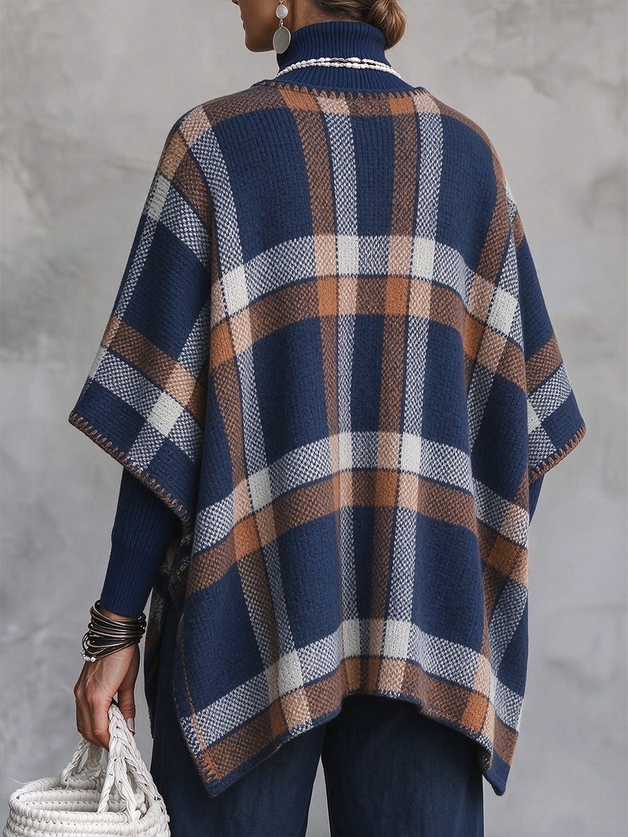 Classic Plaid Open-Front Knit Cape