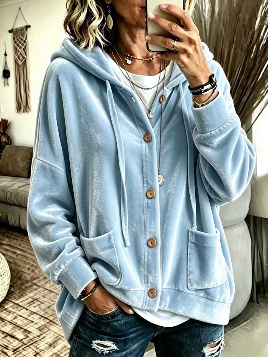 Women's Solid Color V-neck Long-sleeve Casual Loose Hooded Velour Cardigan