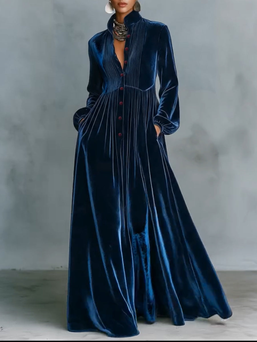 Elegant Navy Blue Velvet Maxi Dress