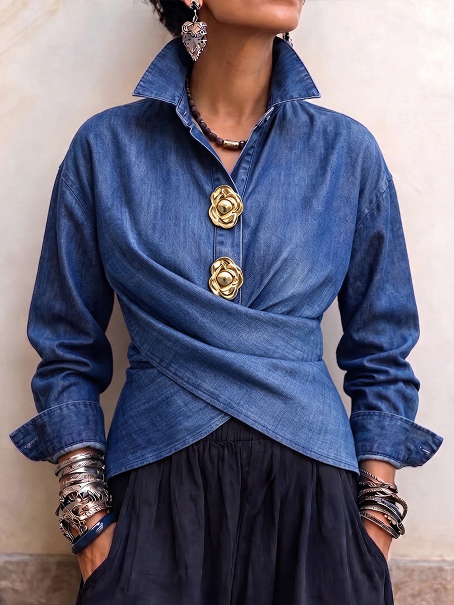 Chic Wrap-Front Denim Shirt with Gold Floral Buttons