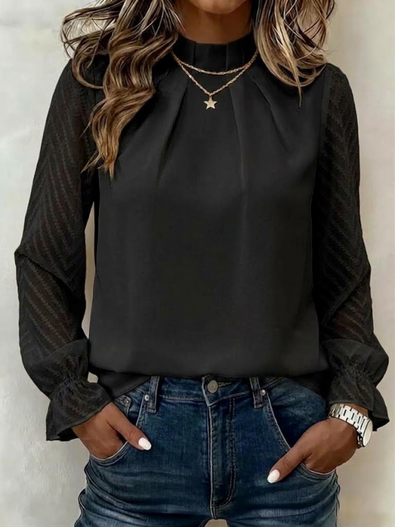 Long-sleeve Top With A Mock Neck And Paneled, Wavy-patterned Chiffon