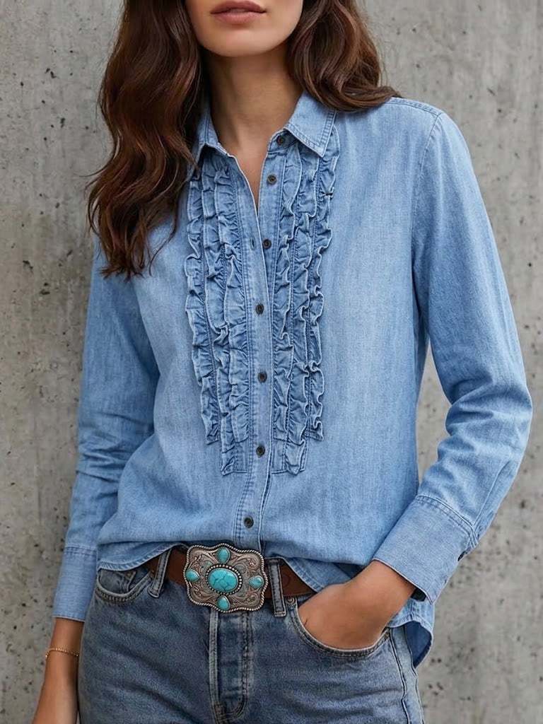 Washed Denim‑look Front Multi‑ruffle Long‑sleeve Blouse