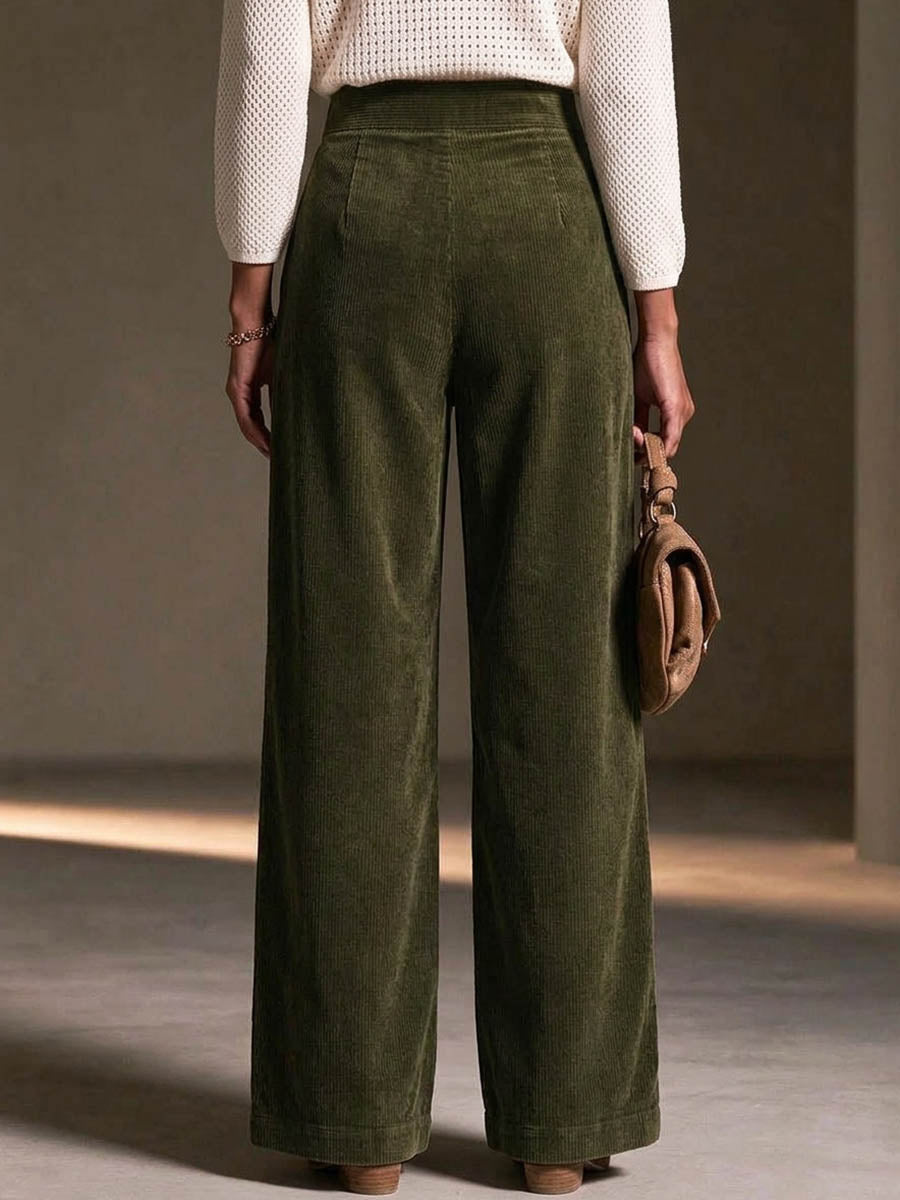 Women's High Waisted Corduroy Wide Leg Pants With Asymmetrical Buttons