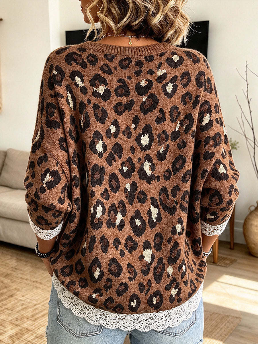 Chic Leopard-print Knit Top With Lace Trim