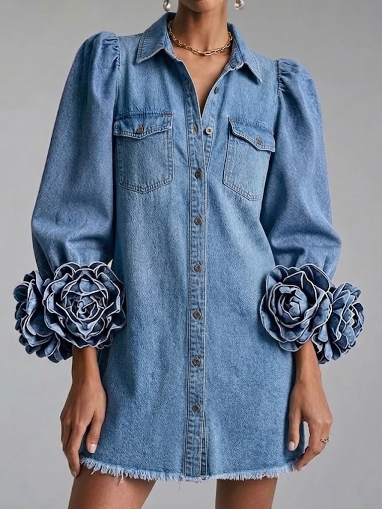 3d Floral‑cuff Raw‑edge Denim‑style Shirt Mini Dress