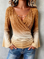 Boho Ombre Paisley Stretchy Bell Sleeves Blouse