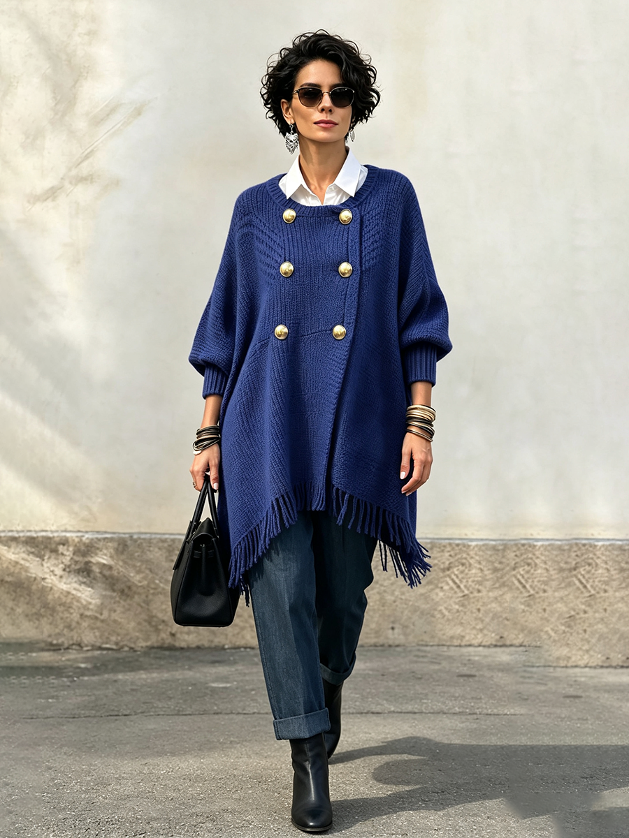 Elegant Royal Blue Double-breasted Fringe Knit Oversized Long Sweater