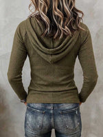 Women's Ribbed Knit Lace-Up Front Long Sleeve Hoodie
