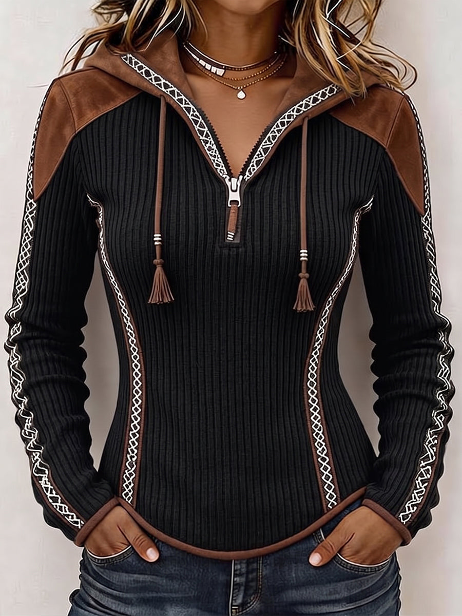 Cozy Contrast Trim Hooded Ribbed Pullover