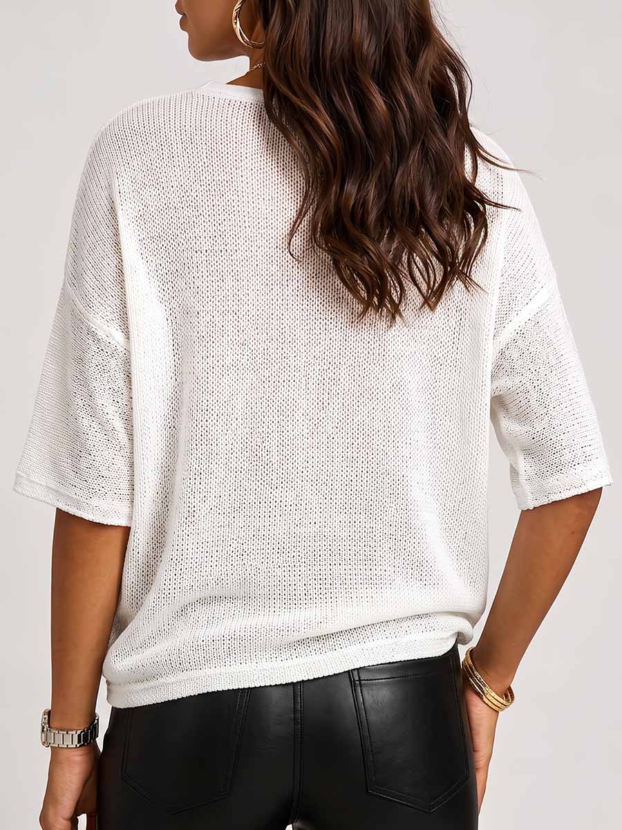 Women's Round Neck Short Sleeve Sequin Star Casual Loose Knit Top