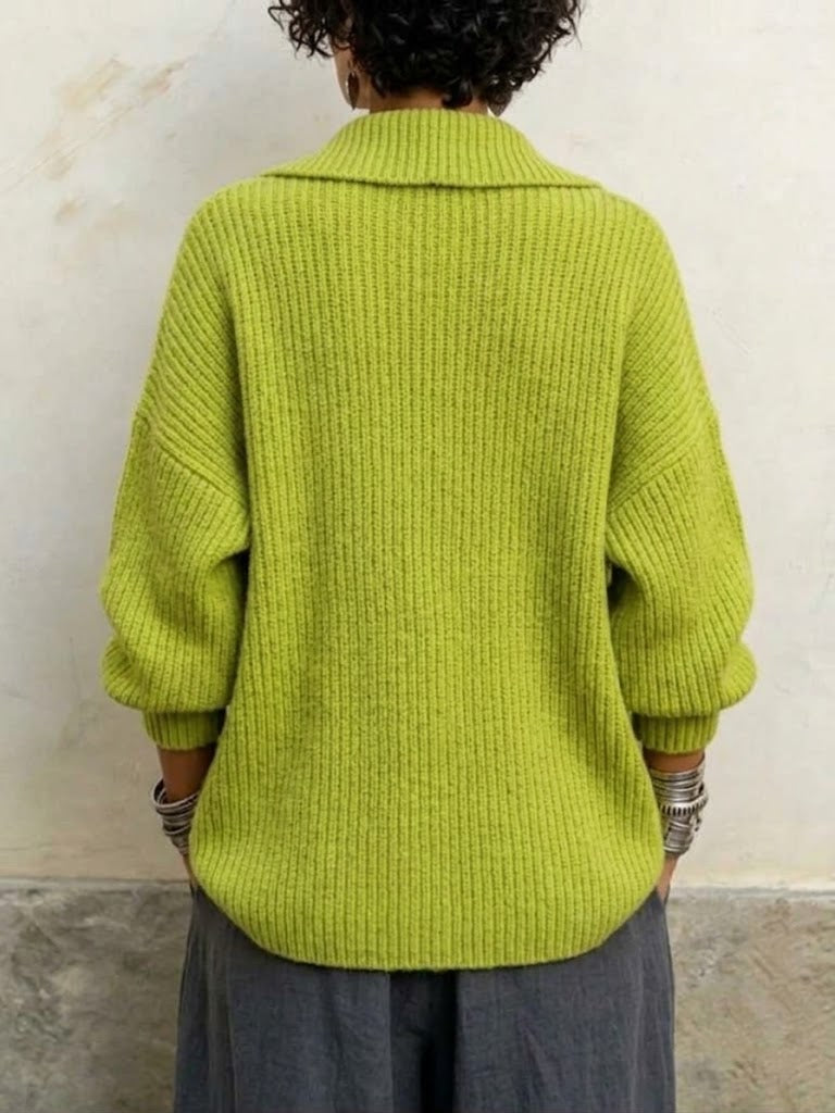 Oversized Ribbed Knit Cardigan With Large Lapel And Metal Buckle