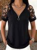 Women's Solid Color V-neck Short-sleeved Casual Loose Hollow-out Rhinestone Patchwork Top
