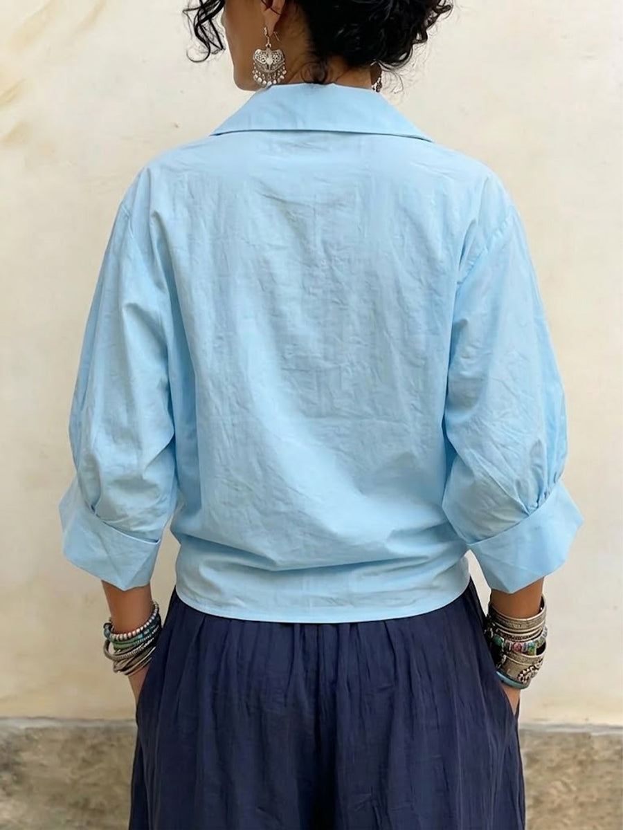 Loose-fit Blouse With Metal-buckle Hem Ties And Puff Sleeves