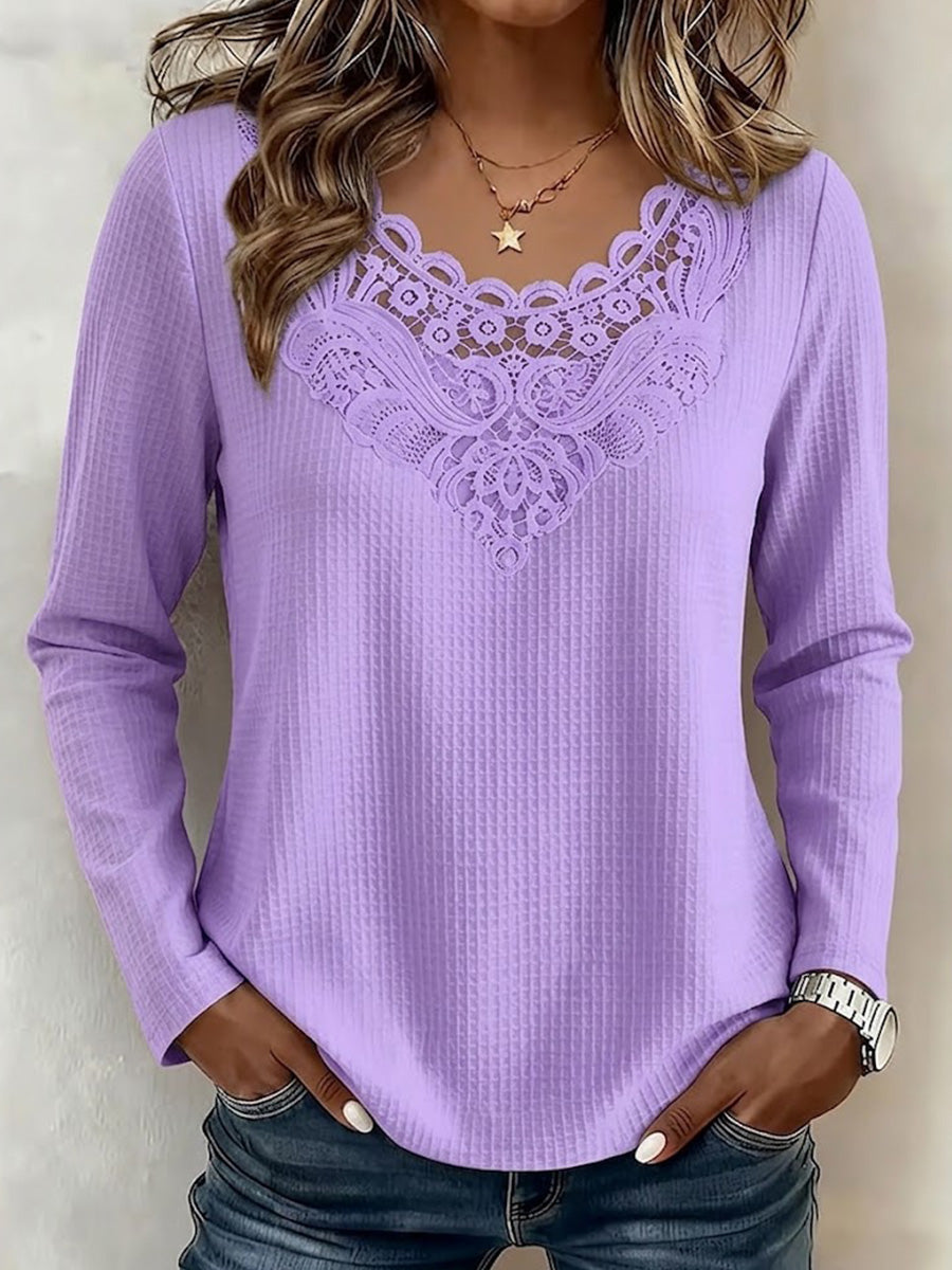 Solid-color Long-sleeve Top With Lace Splicing And Cut-out Details