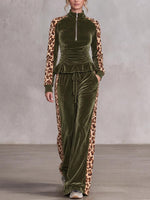 Velour Leopard Patchwork Peplum Tracksuit Set