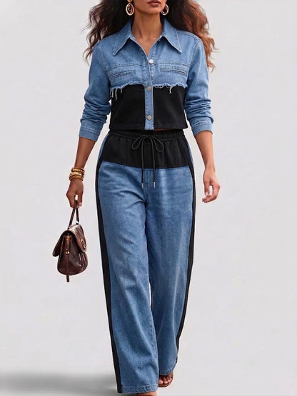 Casual Black Patchwork Cotton Denim Jacket And Jeans Set