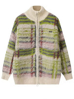 Checkered Plush Mohair-blend Zip-up Cardigan