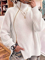 Women's Solid-Color High-Neck Long-Sleeve Loose-Fit Knit Top with Toggle Zipper