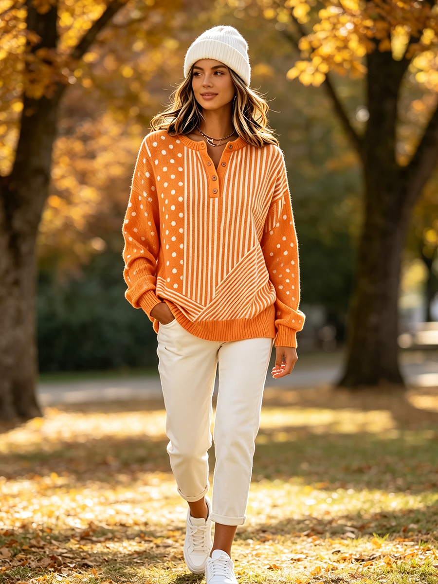 Chic Vibrant Orange Mixed-pattern Knit Sweater