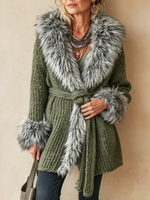 Chic Luxurious Faux Fur Trim Belted Cardigan Jacket