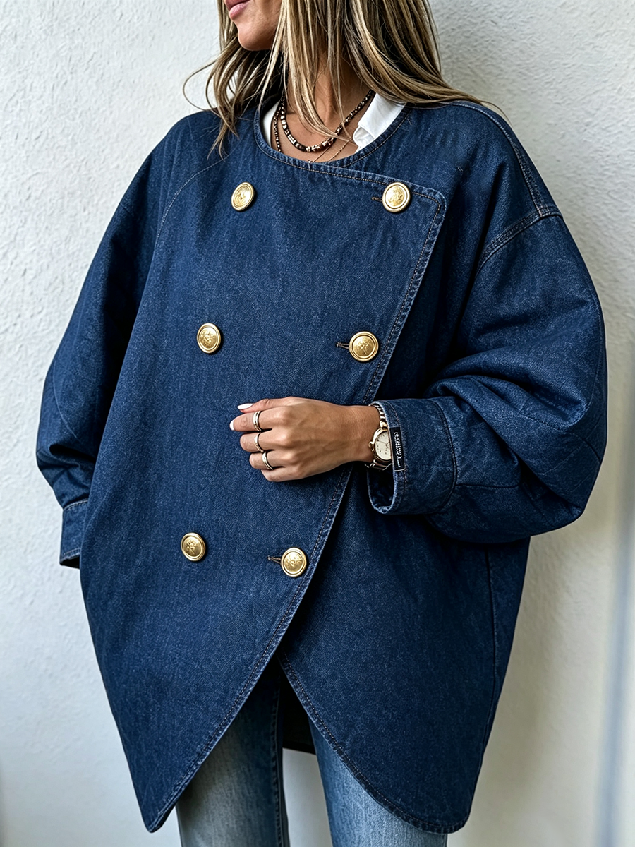 Elegant Dark Blue Denim Double-breasted Jacket