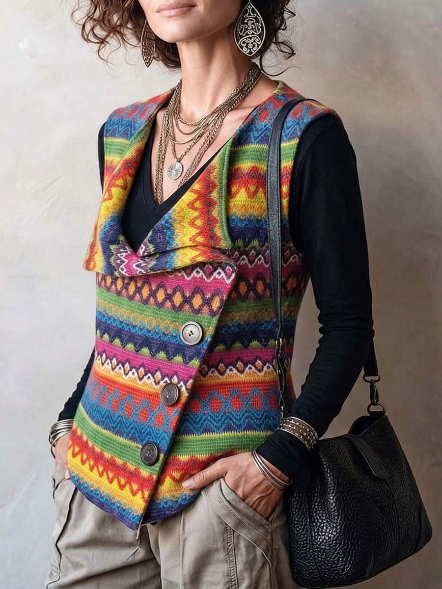 Women's Geometric Print Sleeveless Knit Vest – Casual Loose Fit With Collar