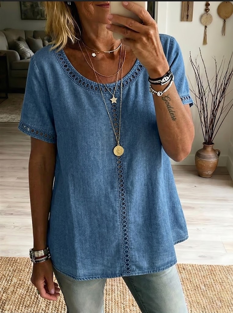 Casual Cotton Denim Top With Cut-out Trim