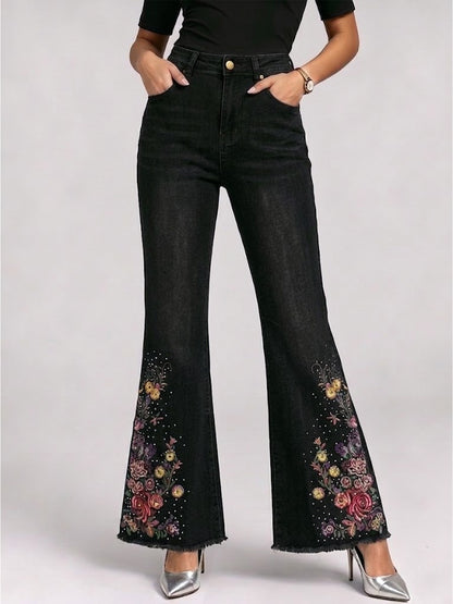 Casual Floral Embroidery Flared Jeans