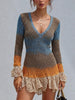 Fitted Long-sleeve Knit Dress Featuring A Color-block Gradient, Chunky Knit, V-neck, And Lace Ruffle Details