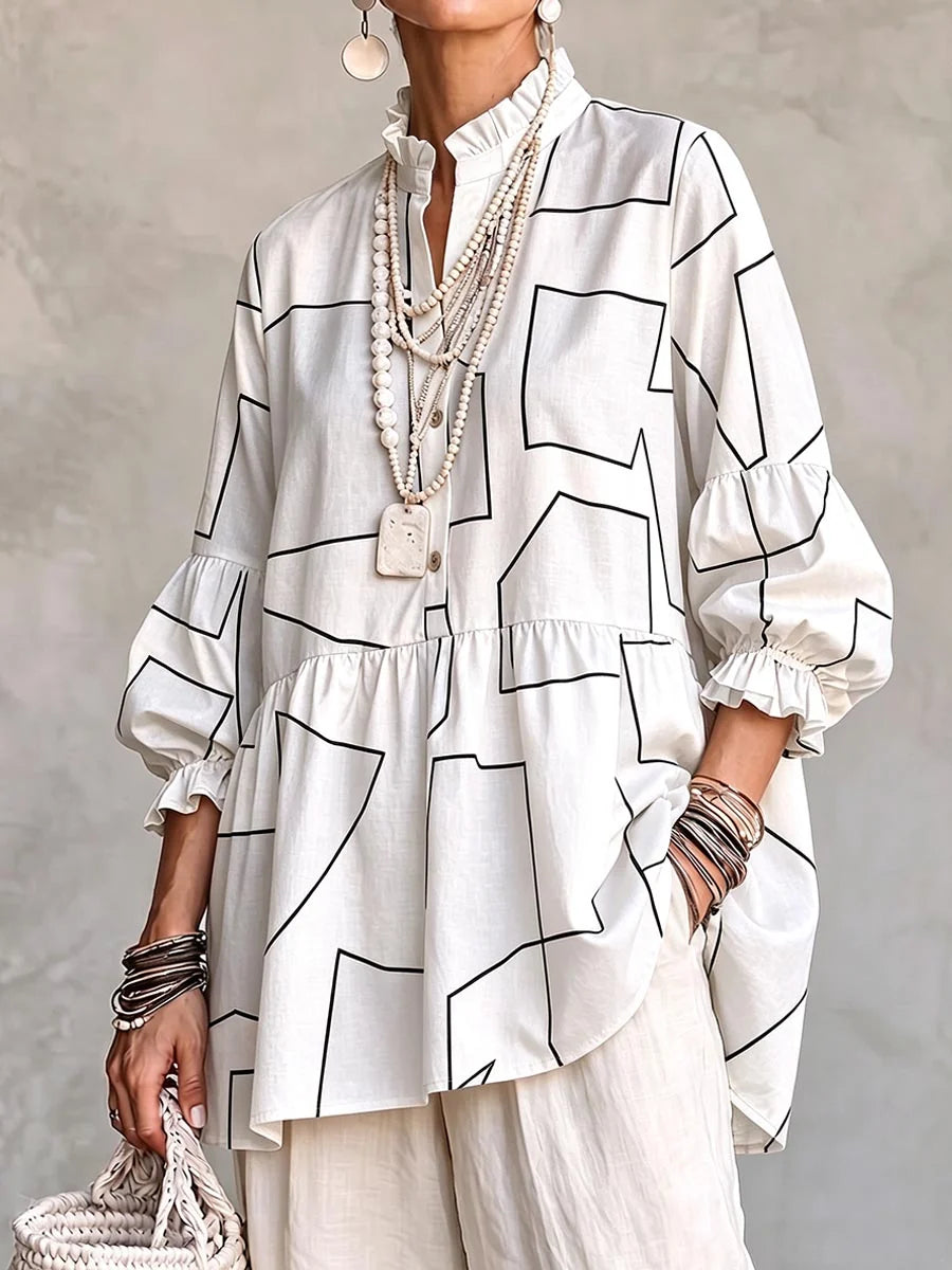 Artistic Neon Polka-Dot Linen Peplum Tunic