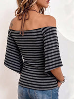 Women's Striped Print Halter Off-shoulder 3/4 Sleeve Casual Slim-fit Knit Top