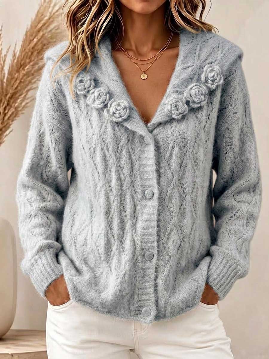 Women's Solid Color Sailor Collar Long-sleeve Casual Loose Textured Crochet Knit Cardigan