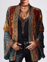 Women's Retro Print V-neck Long Sleeve Casual Loose Velvet Cardigan