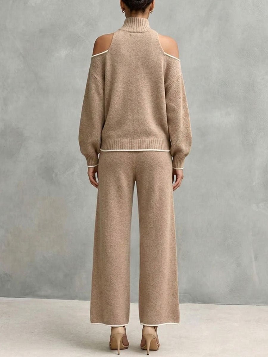 Cold-shoulder Turtleneck Knit Sweater And Wide-leg Pants Set
