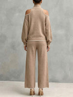 Cold-shoulder Turtleneck Knit Sweater And Wide-leg Pants Set