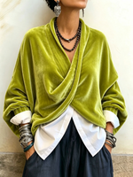 Cozy Relaxed Batwing Sleeves Crossover Velvet Top