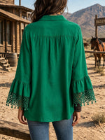 Bohemian Lace Trimmed Bell Sleeve Blouse