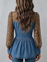 Stylish Casual Denim Shirt With Leopard-print Chiffon Paneling And Zipper Detail