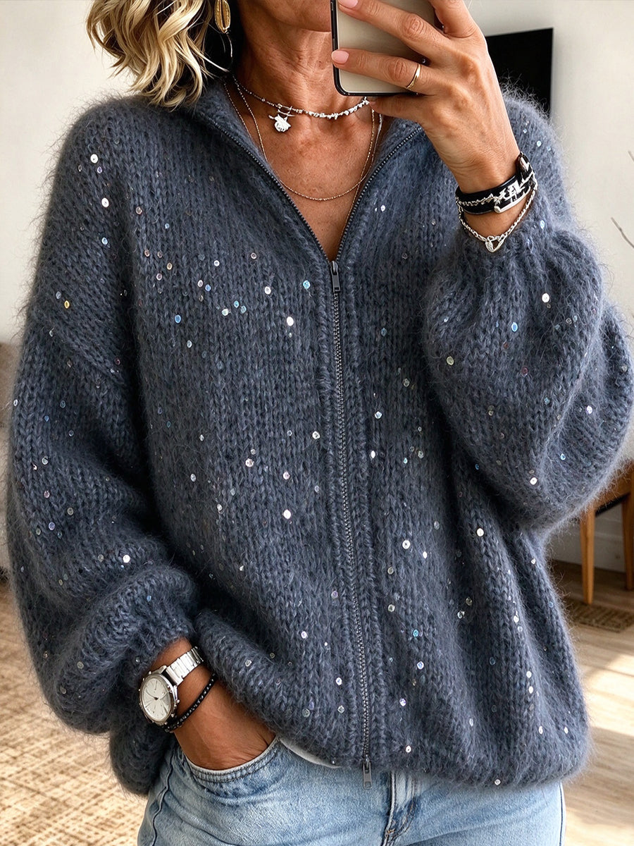 Chic Oversized Chunky-knit Zip-up Cardigan With Sequin Embellishments.