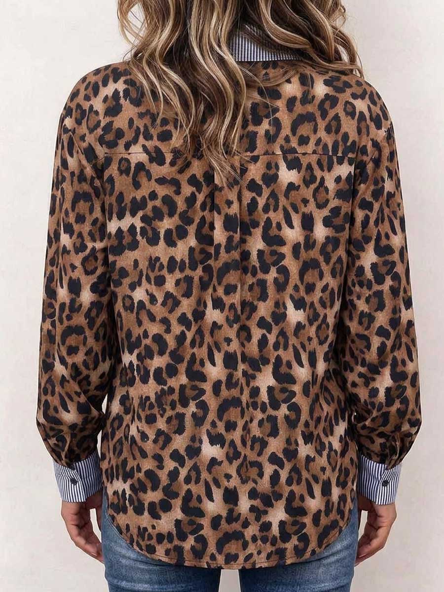 Women's Leopard Print Button Down Shirt With Striped Contrast Accents